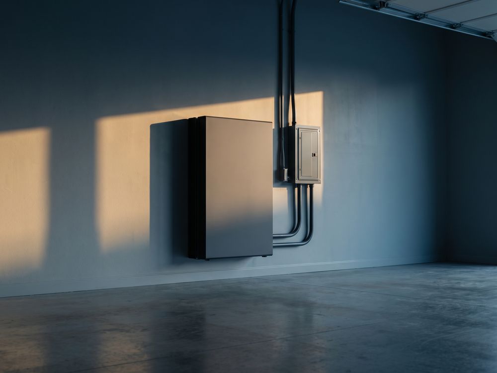 A wall-mounted home battery unit installed in a clean residential garage.