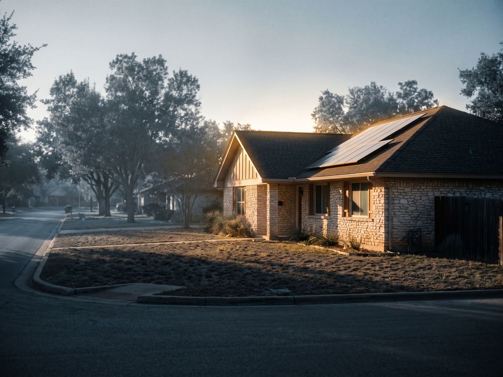 A single-story stone ranch home in McKinney with a rooftop solar array, at golden hour.