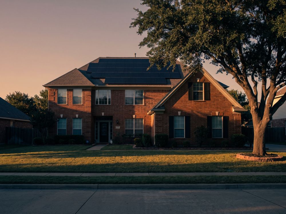A two-story red brick home in Frisco with solar panels across the front roof, at sunset.