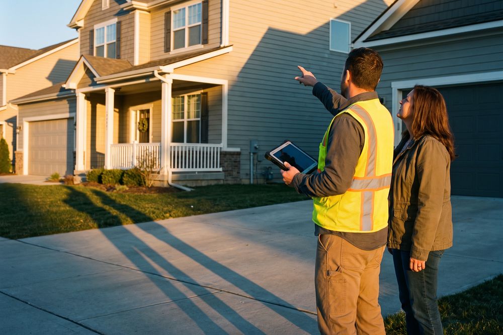 A technician with a tablet in a driveway, pointing up at a homeowner's roof.