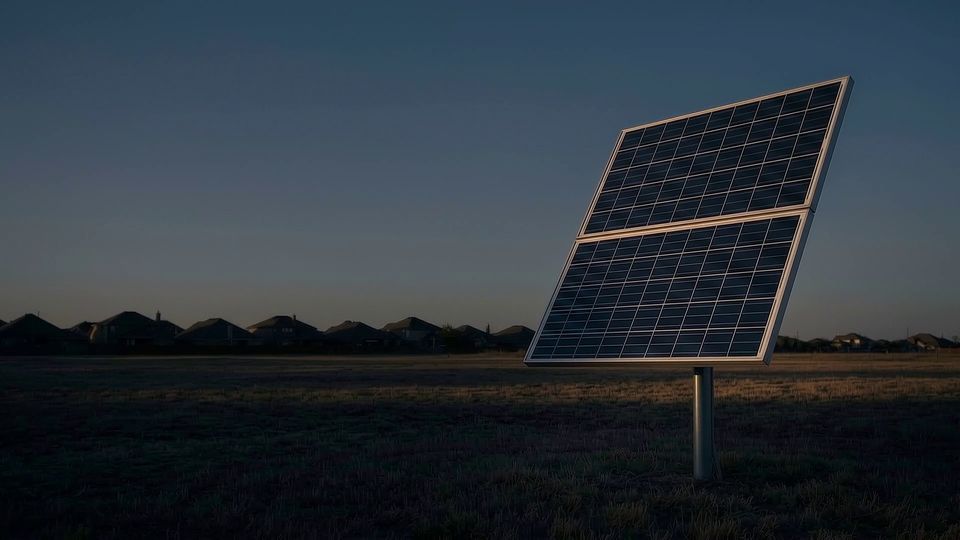 A solar panel on a pole in an open field at dusk, angled toward the last of the light.