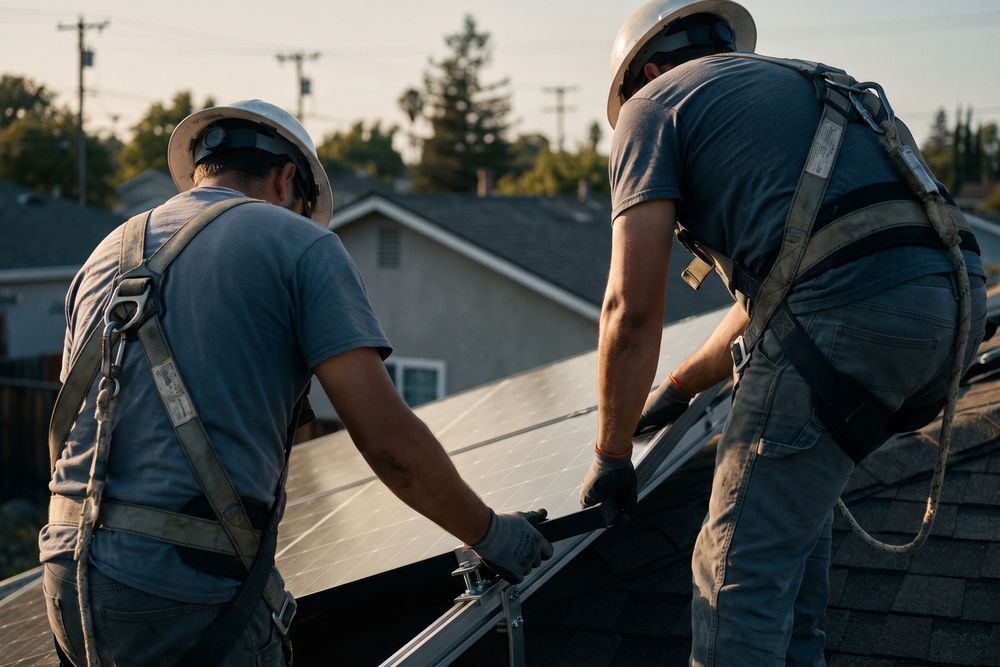 Two electricians in safety gear setting a solar panel into a roof rail.